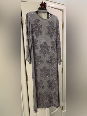 Vintage Beaded Sequin Floral Mesh Maxi Dress | Gray | Art Deco Glam